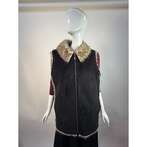 Dennis Basso Faux Fur Trimmed Studded Suede Vest Luxe Winter Layering Piece - Picture 8 of 16